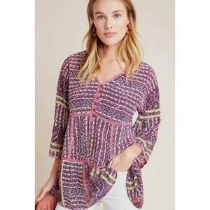 Maeve Anthropologie Women's Size SP Lilyana Tiered Boho Tunic Blouse Top Silk